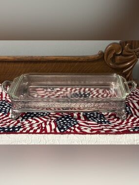 Anchor Hocking Fire King Glass Rectangular Dish with Silver Plated Base
